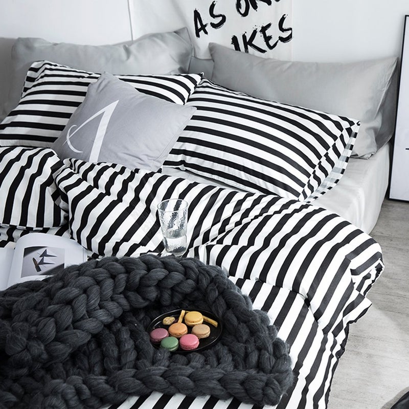 CLOTHKNOW Striped King Size Comforter Set 3Pcs Black White Bedding Comforter Sets Soft Farmhouse Ticking Comforter with 2 x Pillow Cases - Image 4